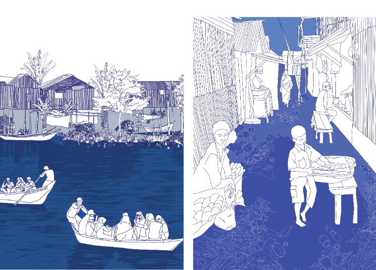 Daily activities in vulnerable, water-based communities.