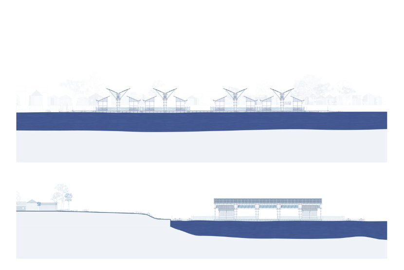 Water-adaptive elevated design for flood resilience.
