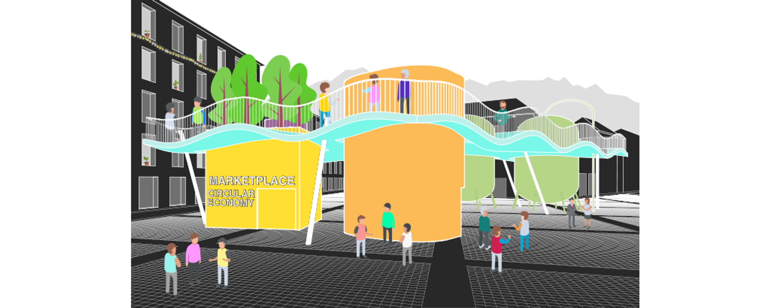 Marketplace for Circular Economy: A vibrant community space promoting sustainable practices and economic reuse.