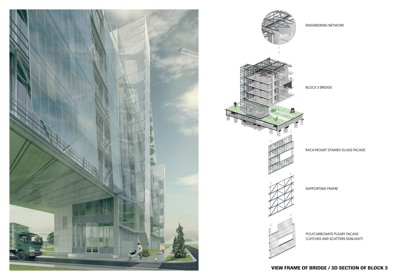 Bridge framework: A detailed 3D section illustrating sustainable and modular architectural solutions.