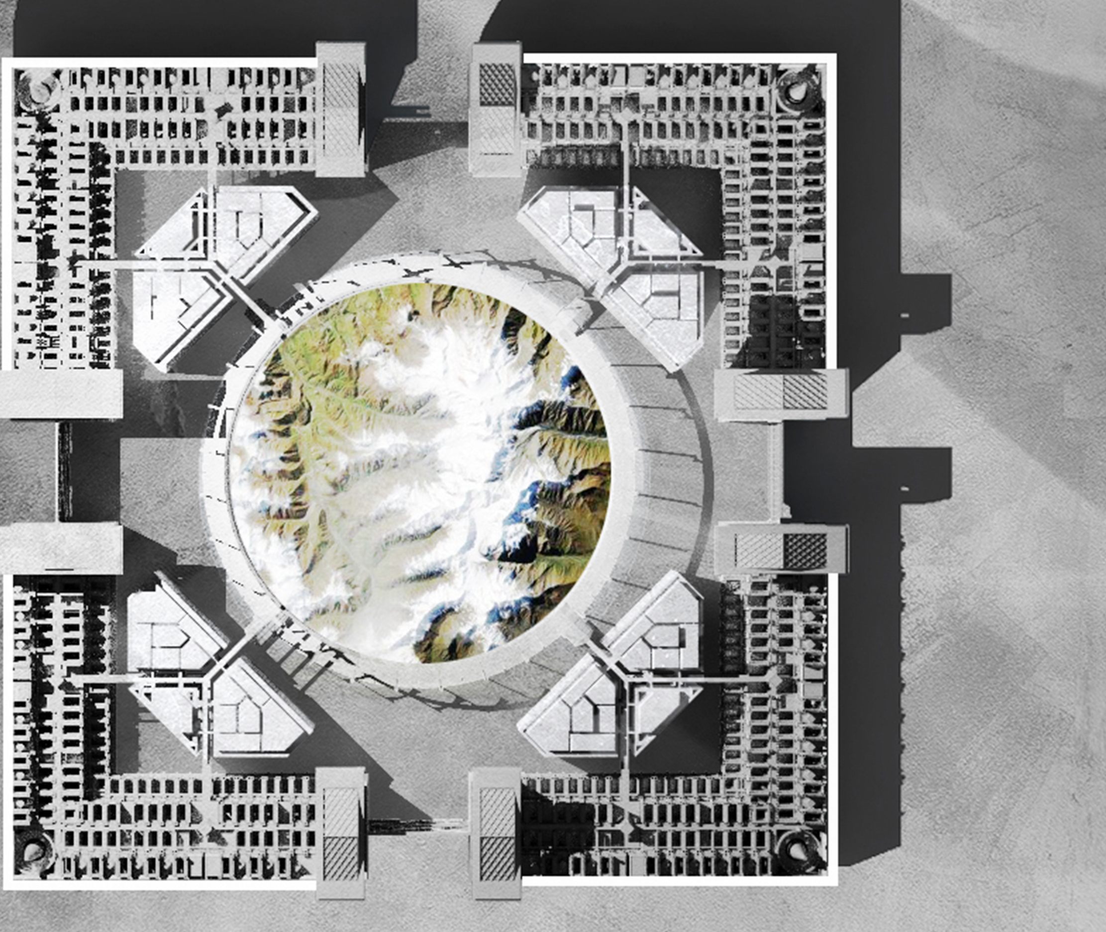 Top-down view of Sahara Fortopia's centralized architectural layout, showcasing modular housing and ecological integration.