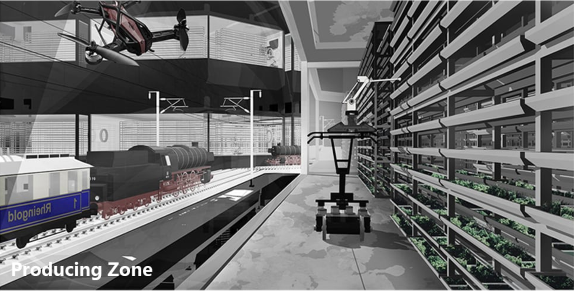 Innovative farming and logistics in the Producing Zone of Sahara Fortopia, featuring vertical agriculture and automated transport systems.