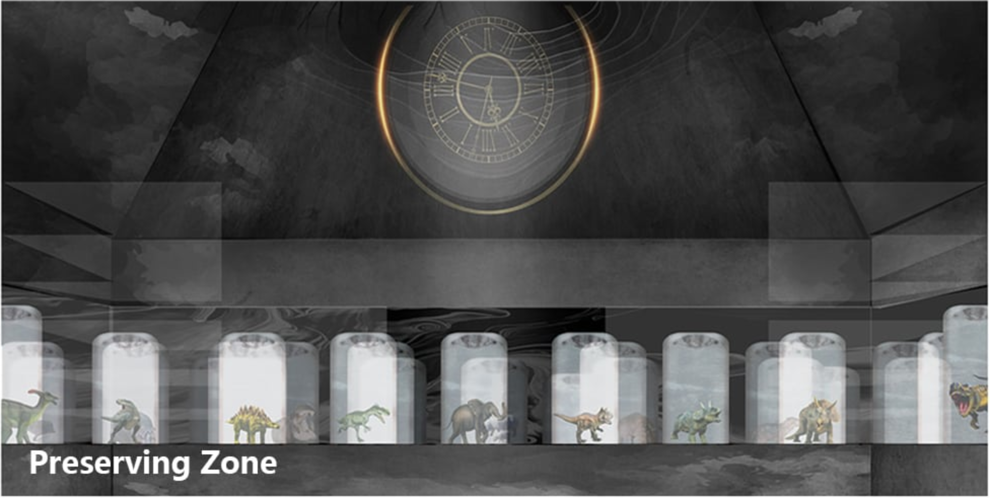 Preserving Zone showcasing biodiversity conservation with species preserved in glass cylinders, emphasizing ecological sustainability.