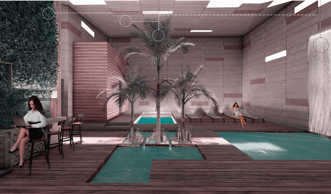 An indoor meditative space with serene water features and natural elements.