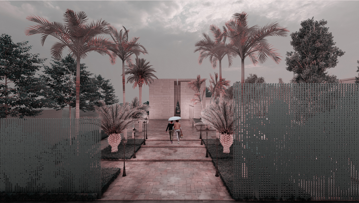 The welcoming entrance framed by palm trees and a serene atmosphere.