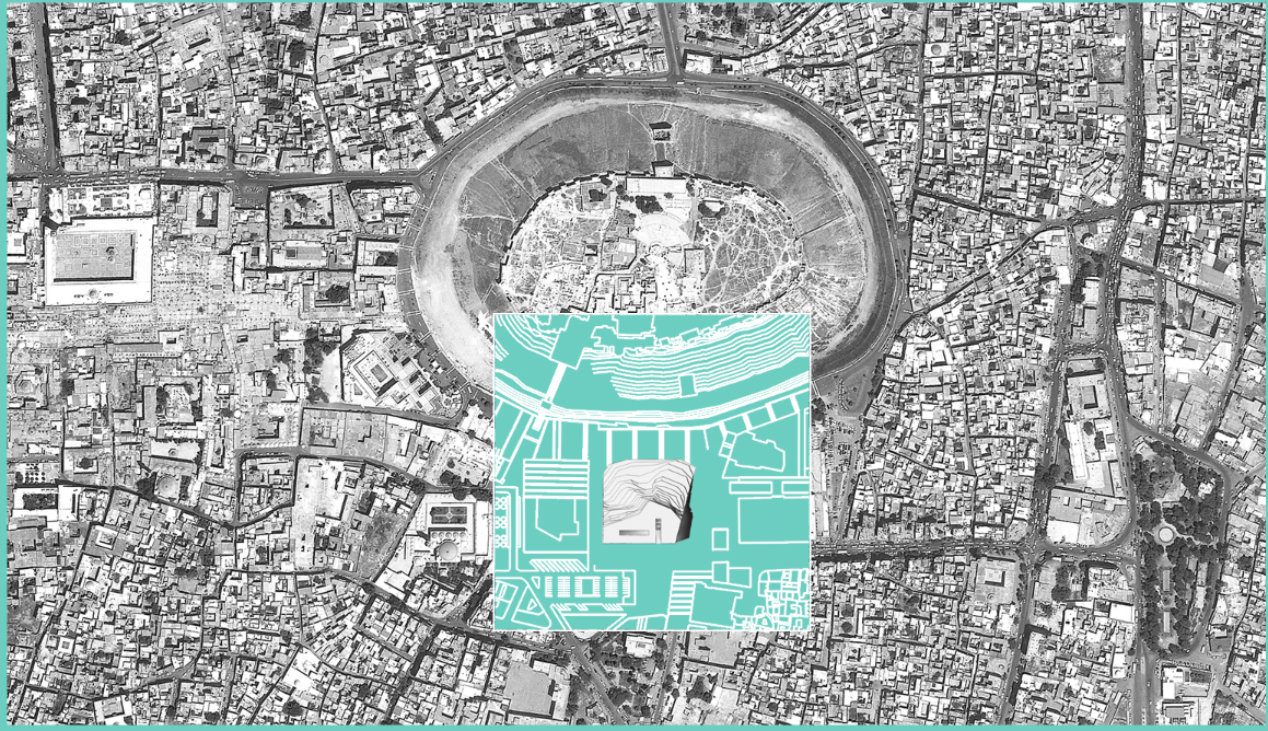 An aerial blueprint overlay showcasing the Memory Park’s seamless integration within the historic urban fabric, celebrating sustainable design.