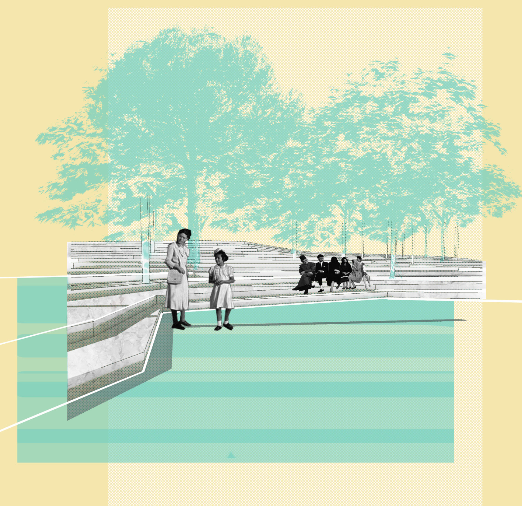 A tranquil moment in the Memory Park—a serene architectural space that harmonizes history, community, and nature for all generations.