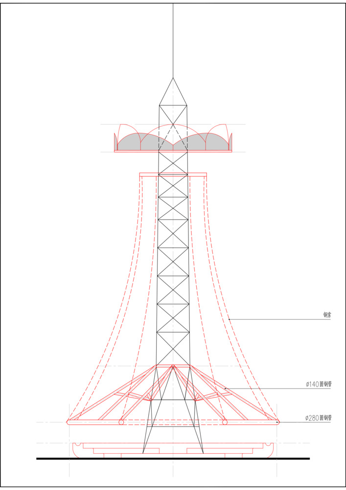 Elevation drawing of fire lookout tower: existing steel lattice tower wrapped in membrane canopy, steel pipe frame, curved seating platform
