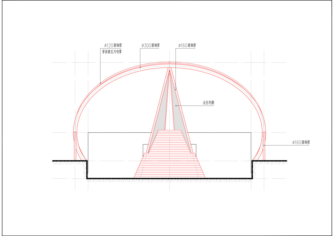 Section drawing of tower base: membrane canopy, steel frame, stair access to existing tower, concrete platform