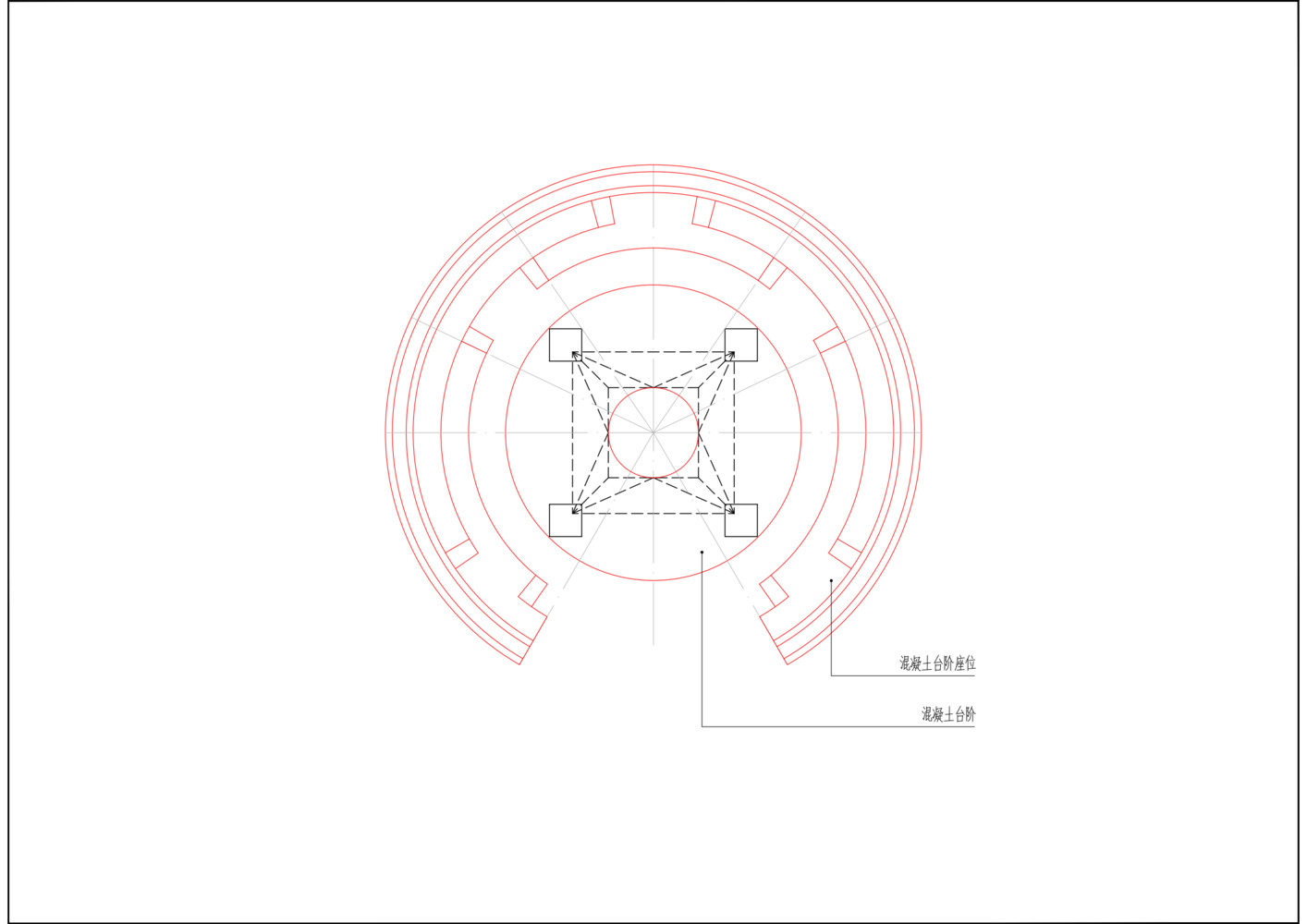 Plan drawing of tower: circular membrane footprint around the existing tower, curved amphitheatre seating, concrete steps