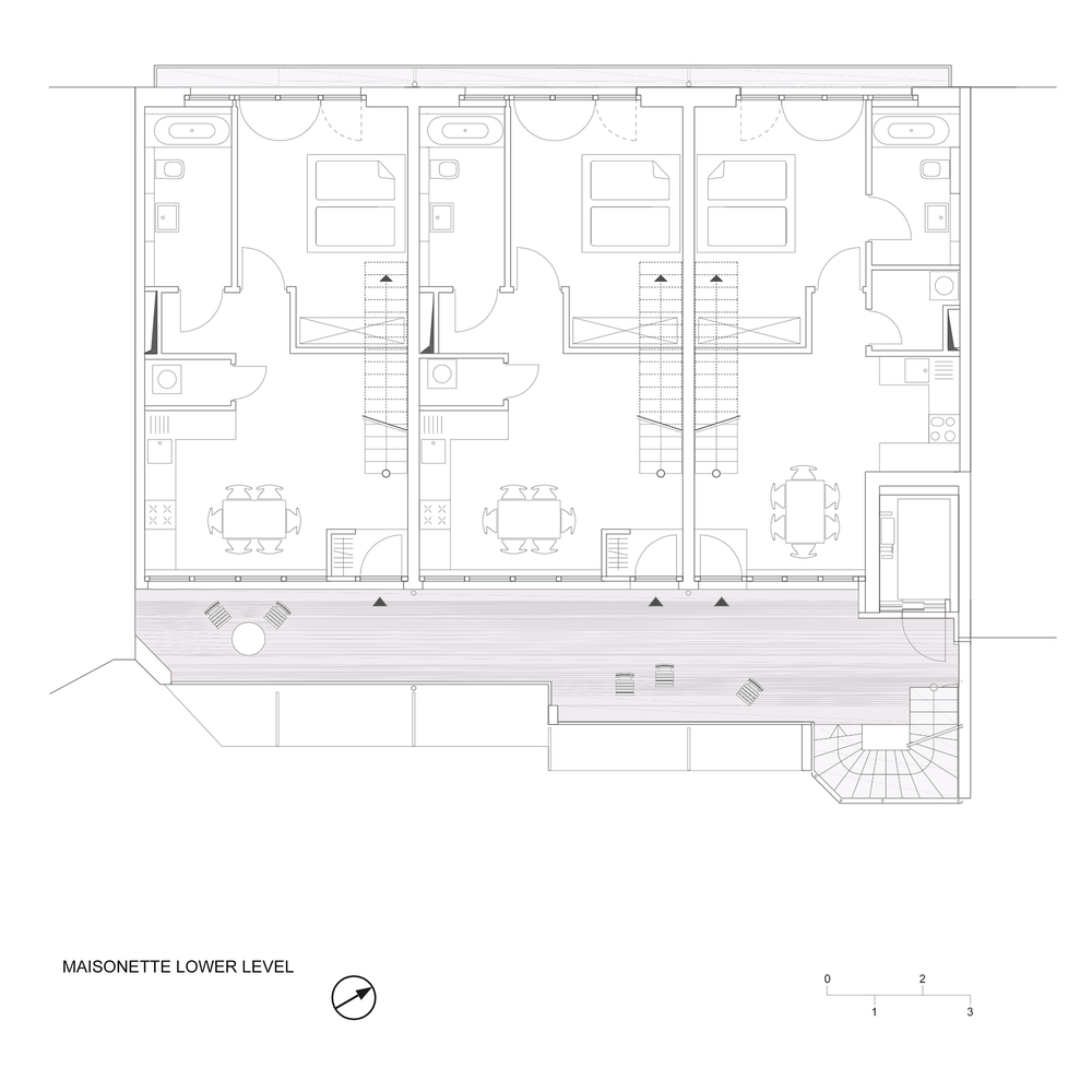 Floor plan drawing showing three residential units with shared terrace and individual staircases
