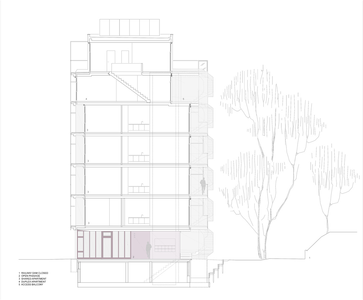 Section drawing revealing six floors with central staircase and a tree sketched to the right