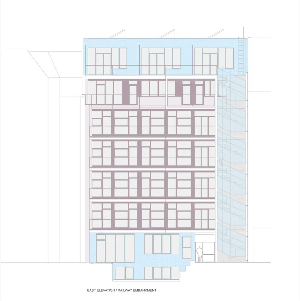 East elevation drawing showing the facade facing the railway embankment with a figure at entry