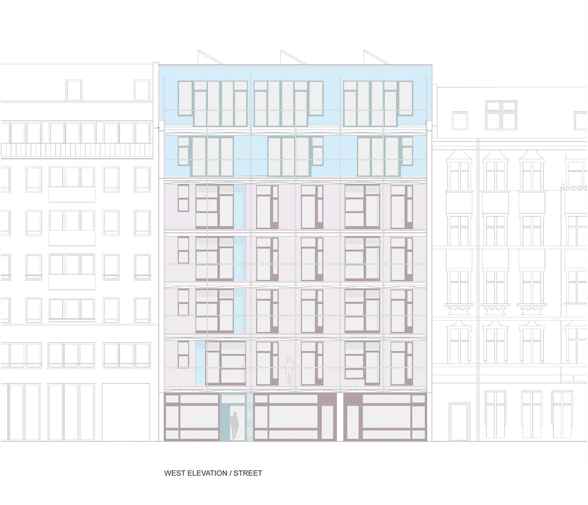 West elevation drawing of the street facade flanked by neighboring building outlines