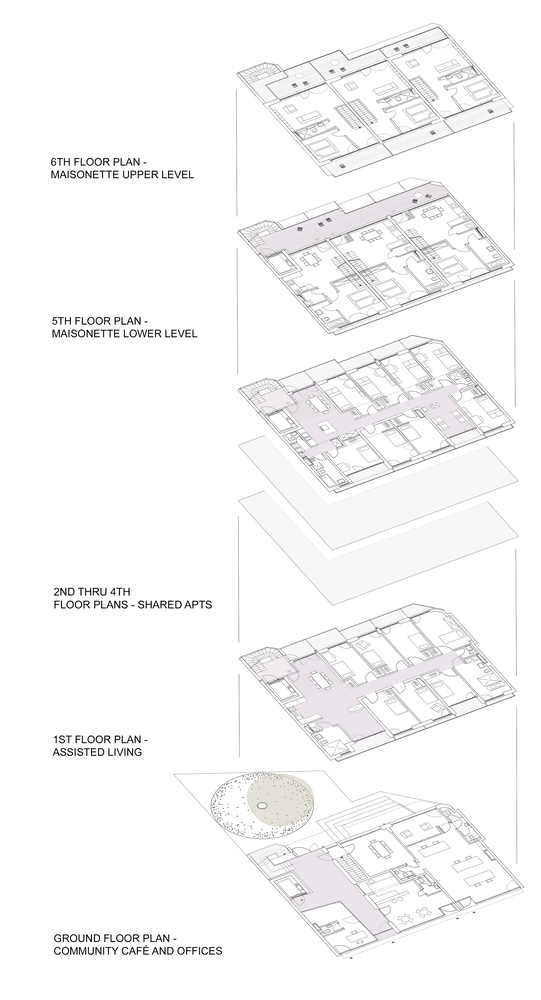 Exploded axonometric drawing showing six floor plans stacked from ground level to upper maisonettes