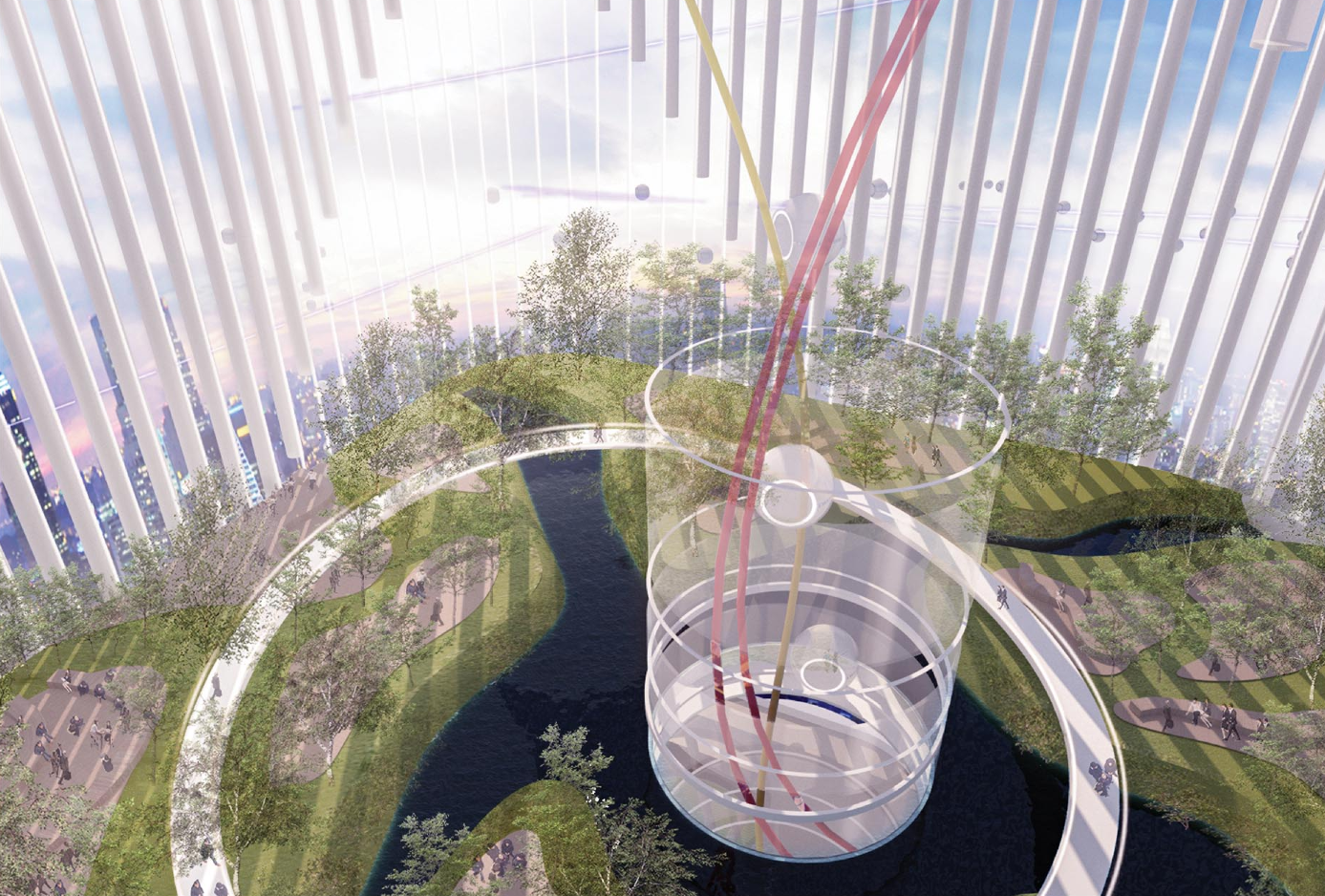 A bird’s-eye view of the vertical gardens, offering serene green spaces amidst the urban sprawl.