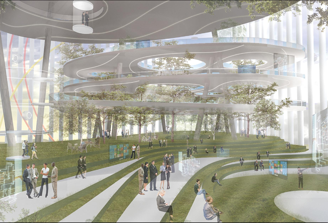 A vibrant civic center where nature meets innovation, showcasing green terraces and collaborative spaces.