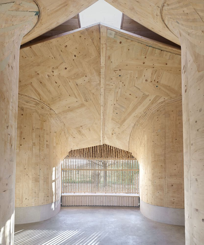 Vaulted plywood interior space with arched opening framing vertical timber screen beyond