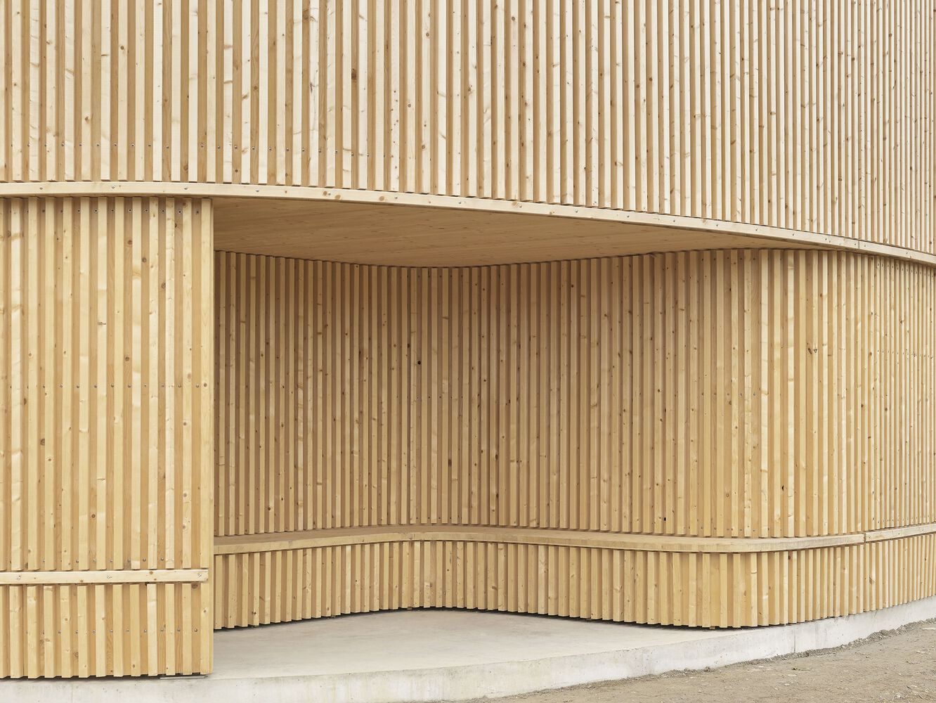 Close-up of the curved timber slat wall forming a recessed alcove above a concrete plinth