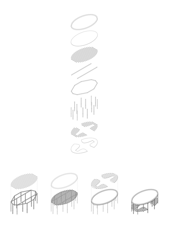 Exploded axonometric drawing showing oval roof elements and structural components assembling vertically