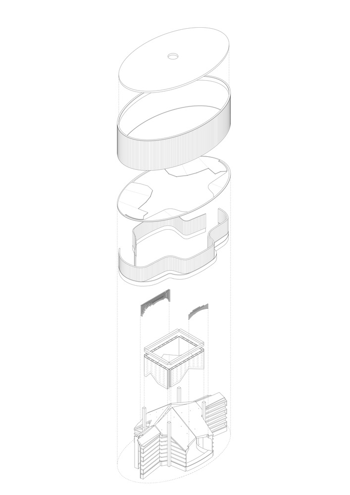 Exploded axonometric drawing revealing layered roof planes and curved wall components above a timber base