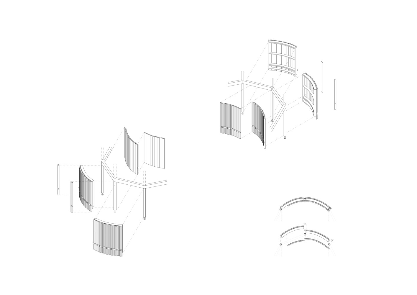 Axonometric drawing of curved wall panel assemblies with vertical slats in various configurations