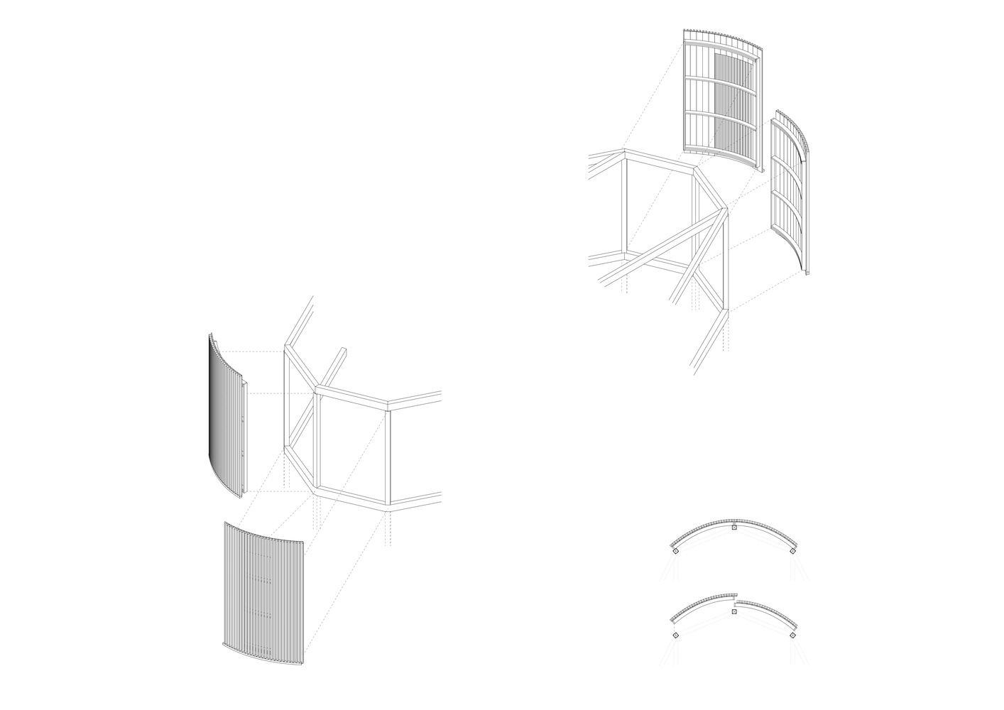 Axonometric drawing illustrating the assembly of curved screening panels with structural supports and arced components