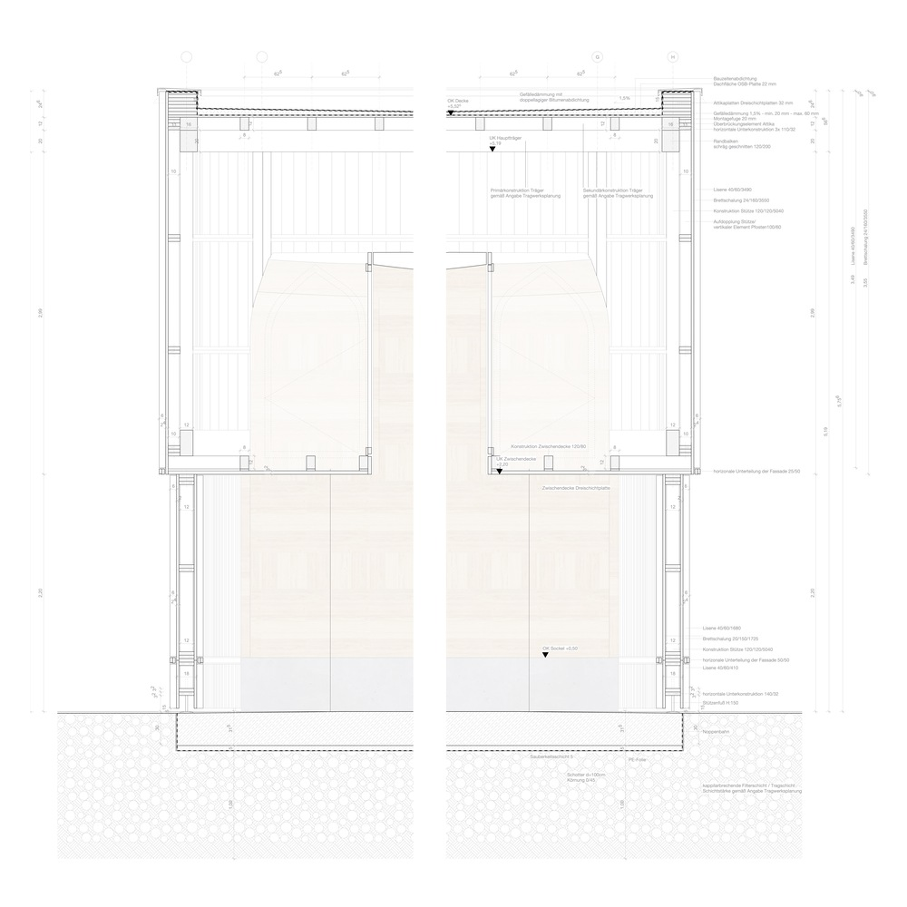 Wall section drawing detailing the connection between vertical timber cladding and the foundation below