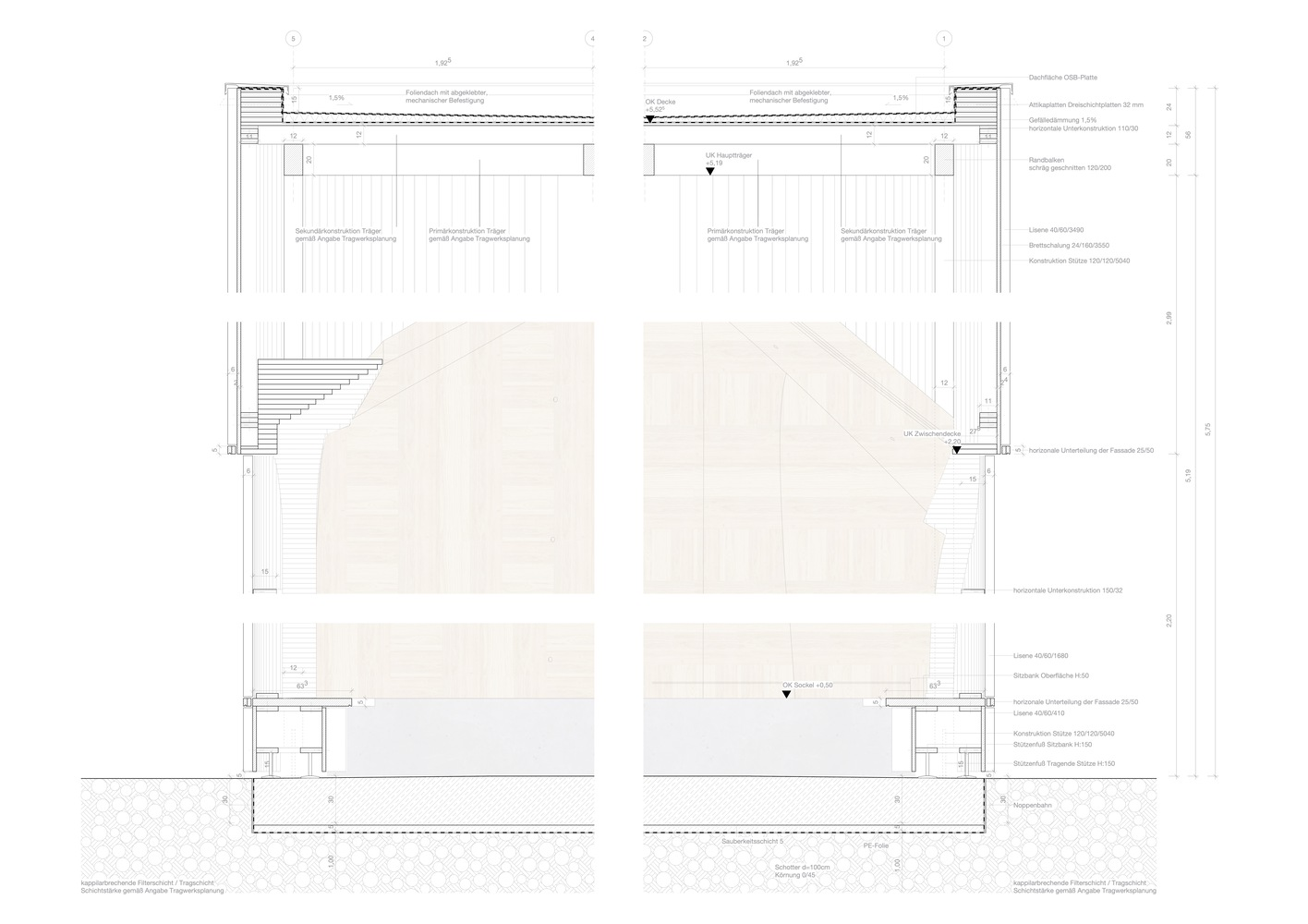 Wall section drawing showing the junction of curved interior walls with ceiling and foundation systems