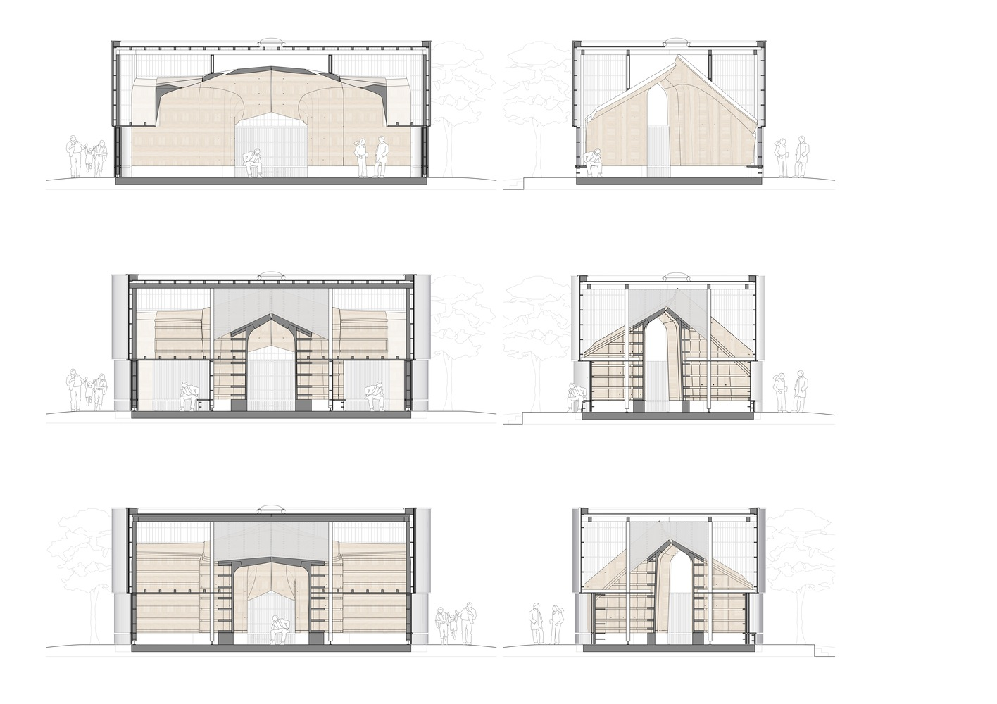 Section drawings revealing the curved roof volumes, internal house form, and timber paneling with scale figures
