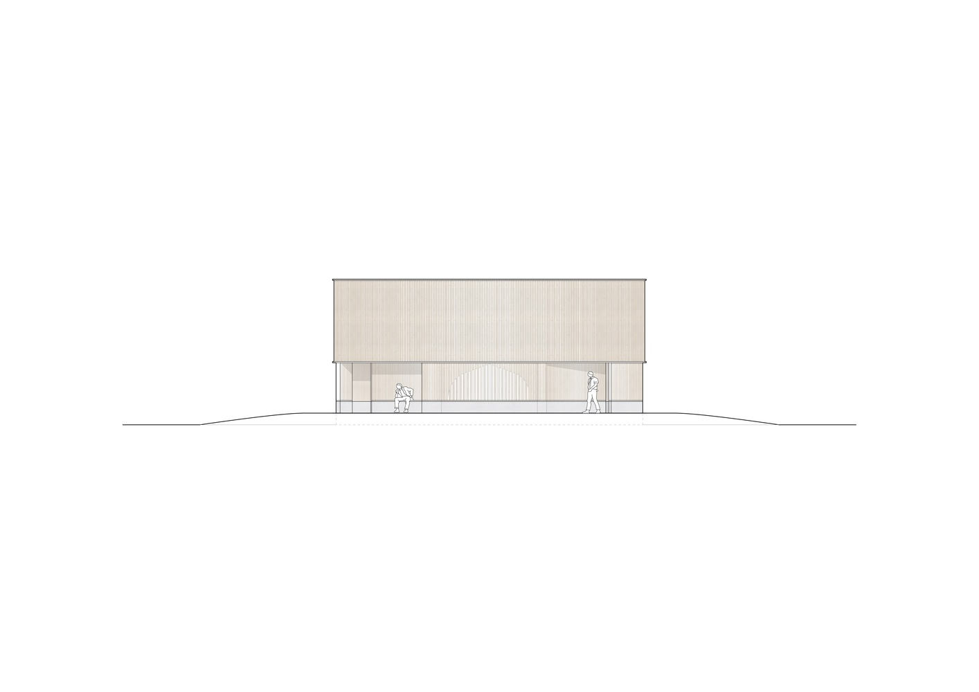 Elevation drawing of the low horizontal facade with vertical timber cladding and two human figures