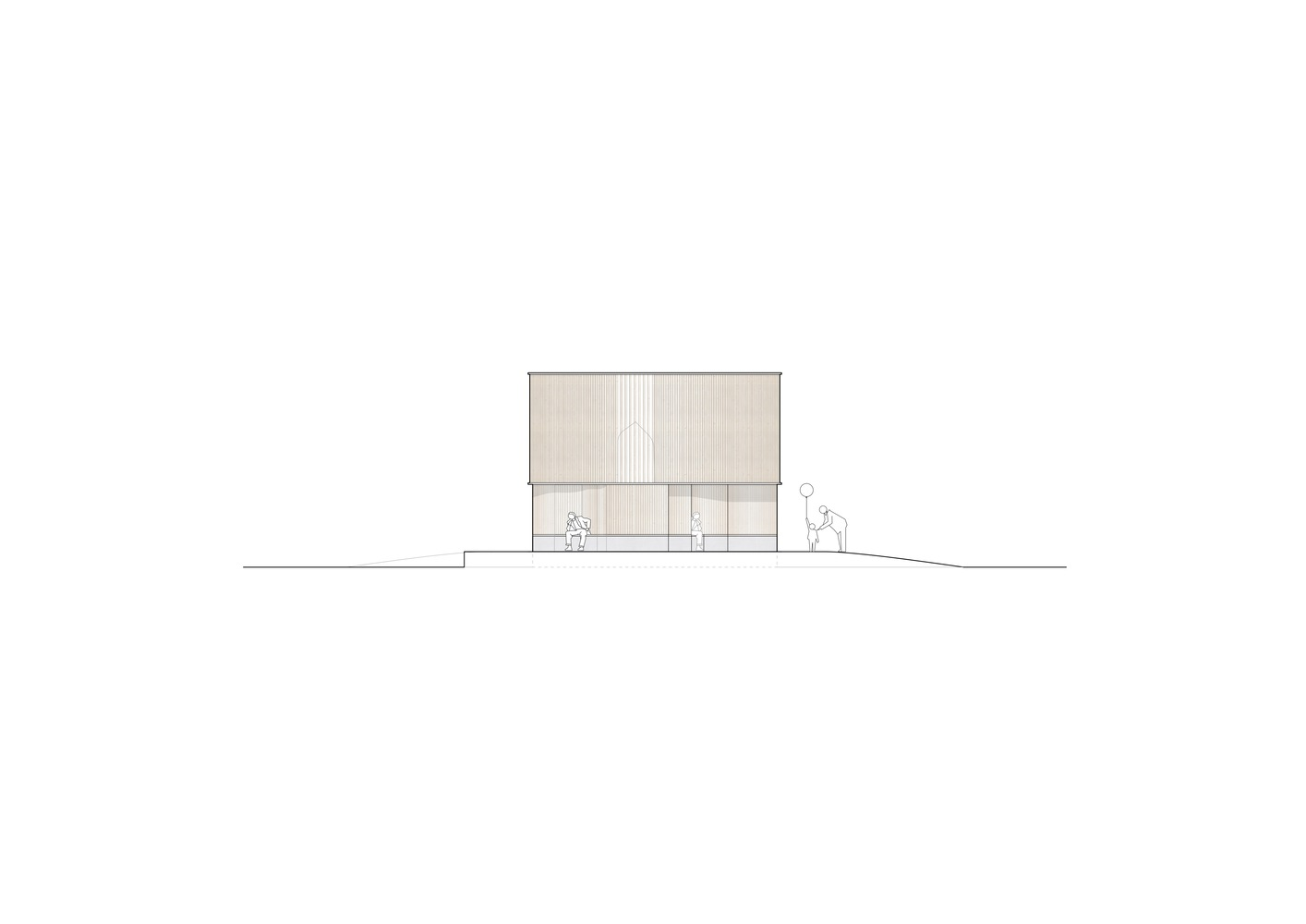Elevation drawing showing a two-story volume with vertical timber cladding and figures for scale