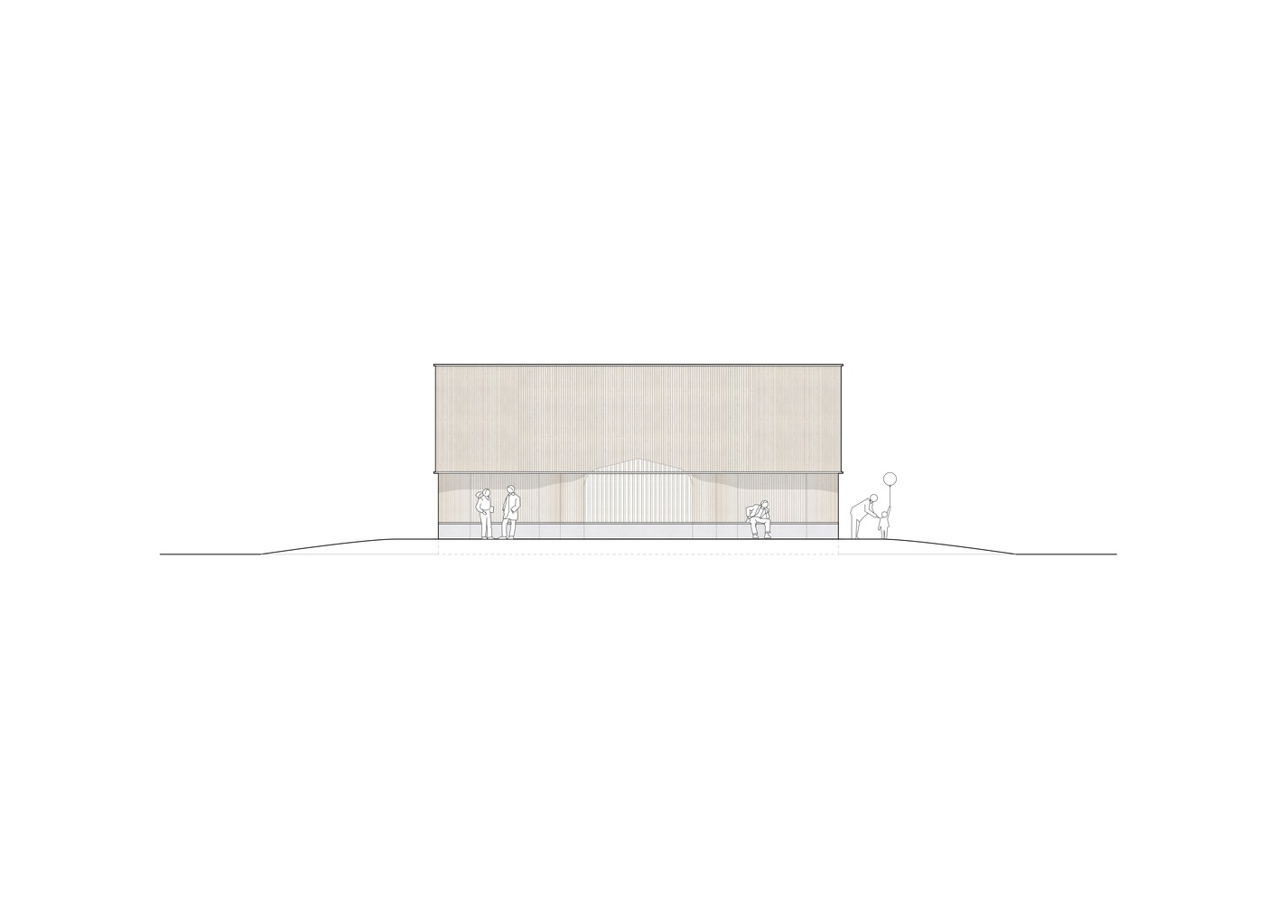 Elevation drawing depicting a recessed ground floor with glazing beneath a timber-clad upper volume