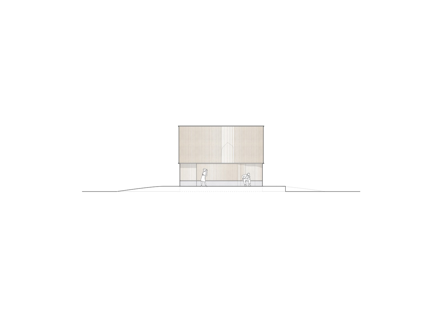 Elevation drawing of the timber-clad facade with a central vertical window slot