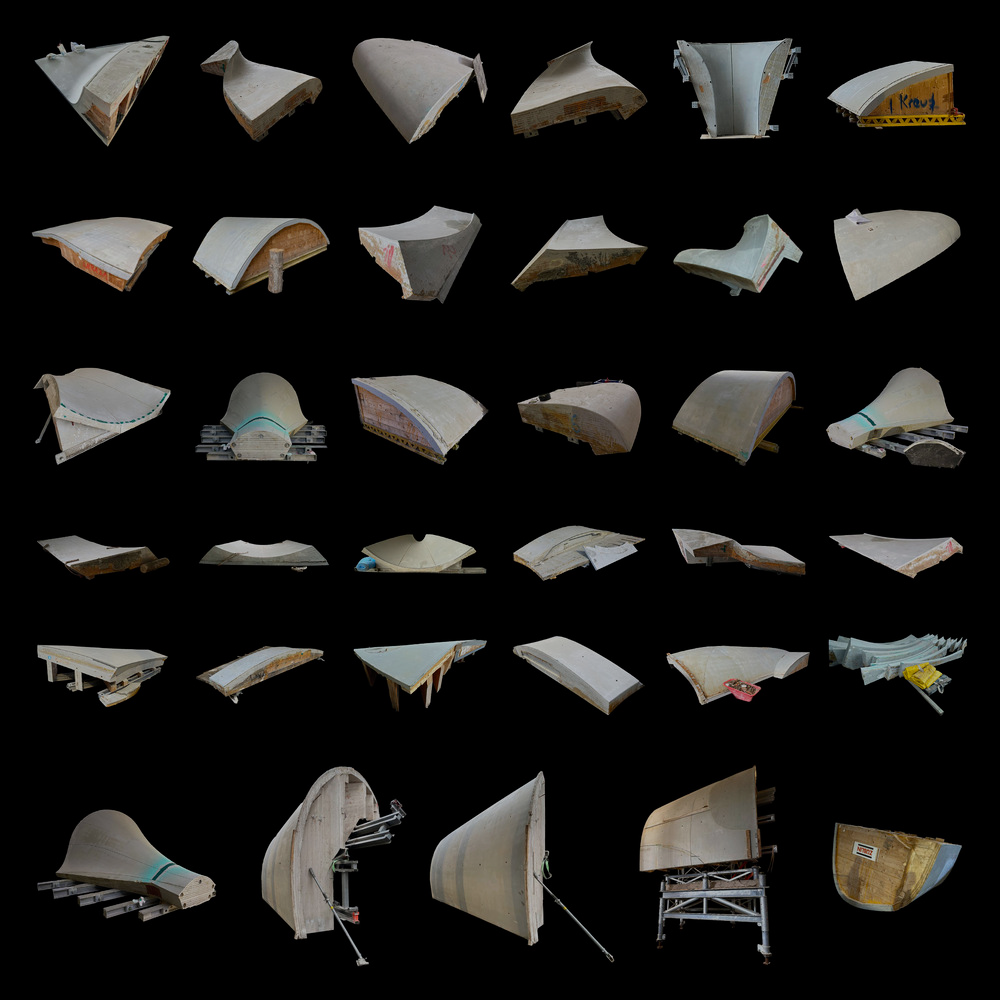 Grid of physical models showing curving concrete shell roof forms from multiple angles