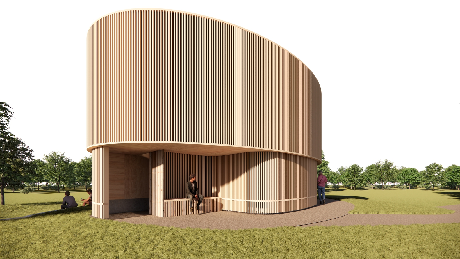 Entry portico carved into the cylindrical base with timber bench and vertical screen dividing the space