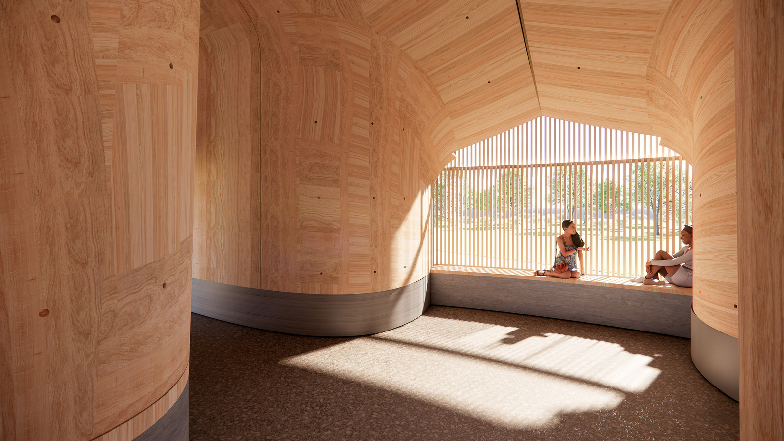 Interior view of the curved timber-clad alcove with slatted window opening and two visitors seated in sunlight