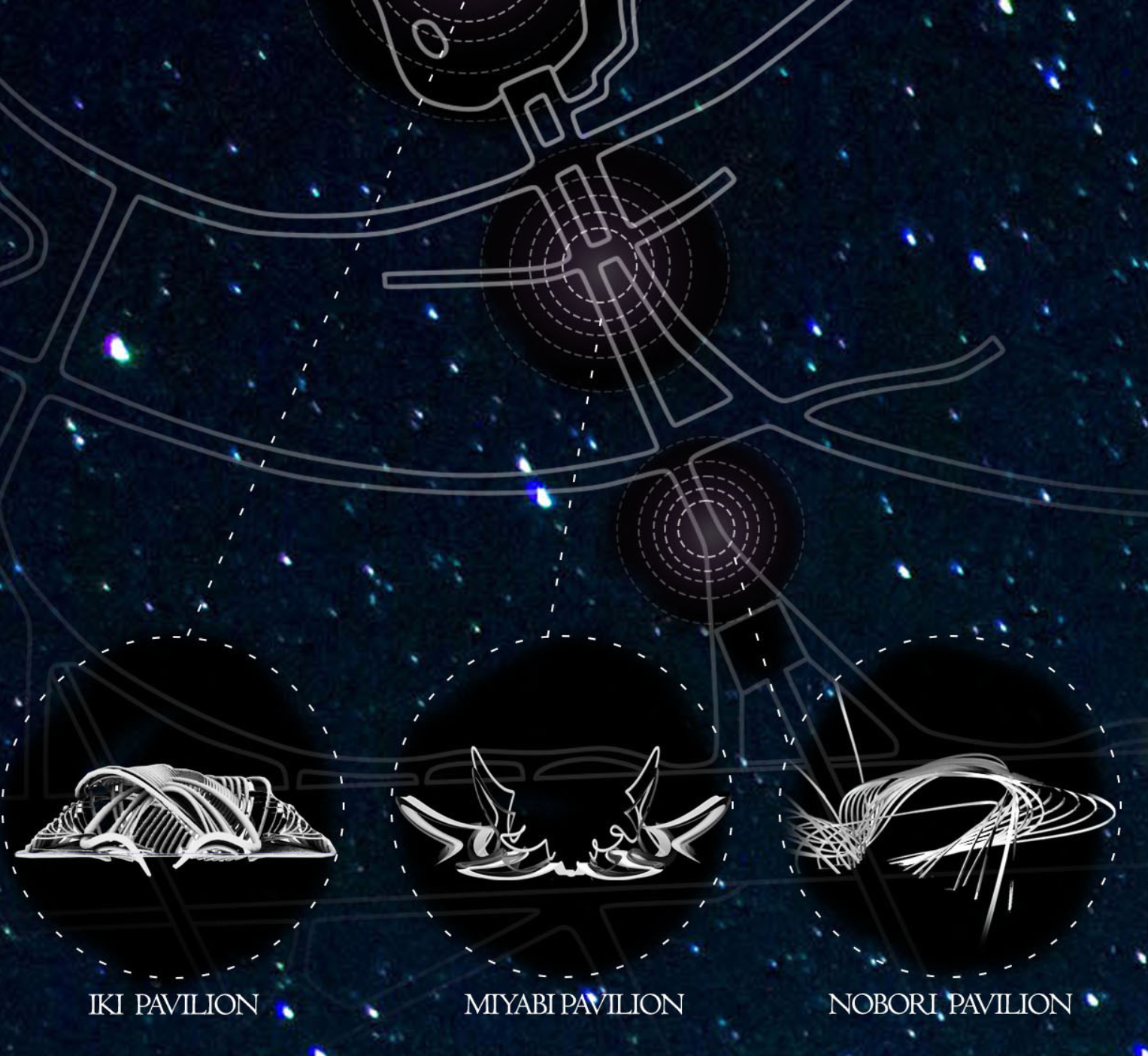 Site plan drawing with three circular pavilion designs and connecting pathways overlaid on a starfield