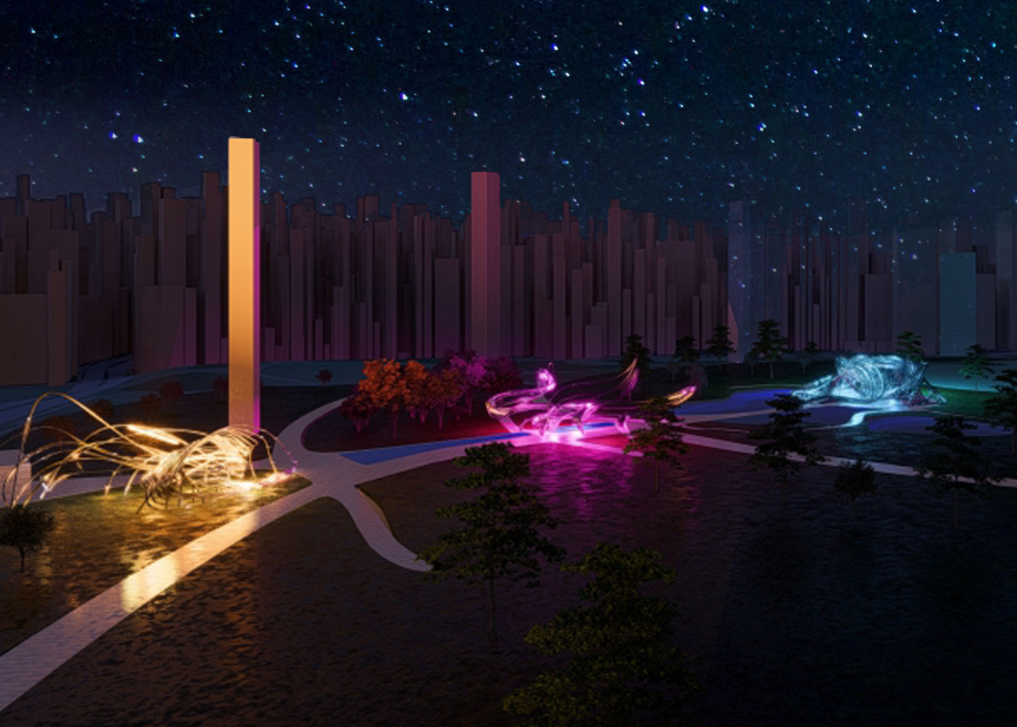 Aerial rendering of illuminated pathways and sculptural light installations winding through a landscaped park at night