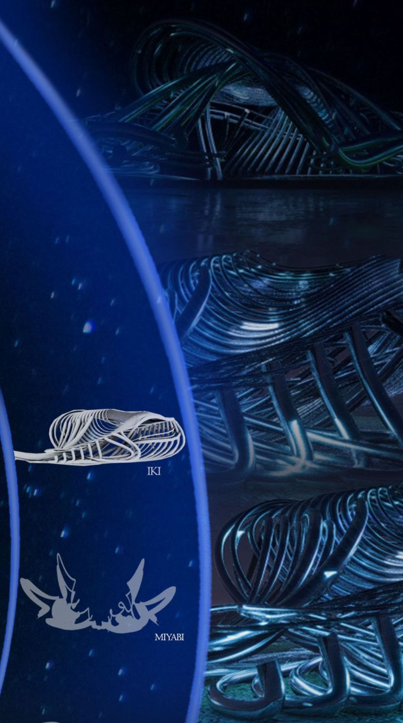 Rendering showing ribbed pavilion structures with blue lighting and diagrammatic labels in snowfall