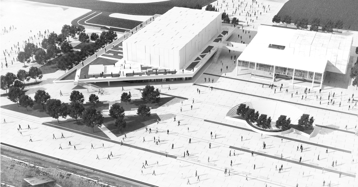 The Art Center's open plaza and green spaces foster community engagement while showcasing sustainable modern architecture in Aleppo.