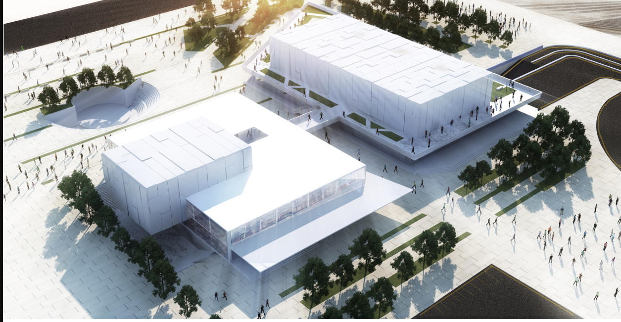 A sunlight-filled perspective of the Art Center in Aleppo, showcasing its modern architecture and vibrant communal spaces.