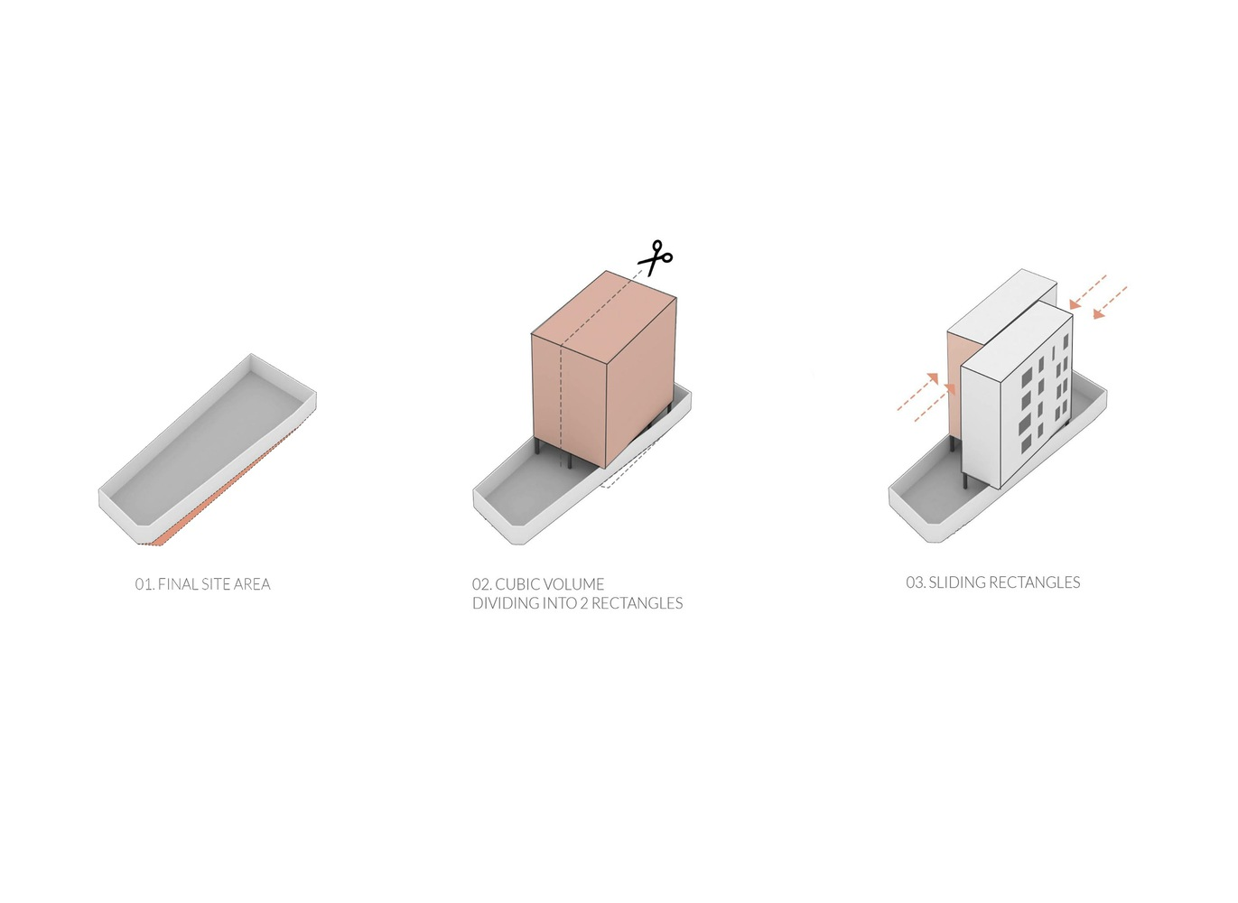 Axonometric diagram showing three phases of massing development from site outline to fenestrated volume