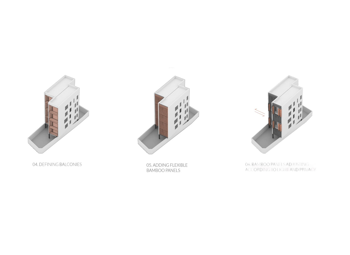 Isometric diagrams showing the progressive addition of balconies and bamboo panels to the facade
