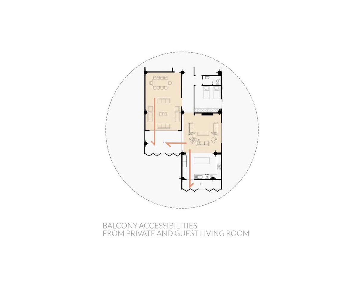 Floor plan showing balcony access from private and guest living rooms with furnishings indicated