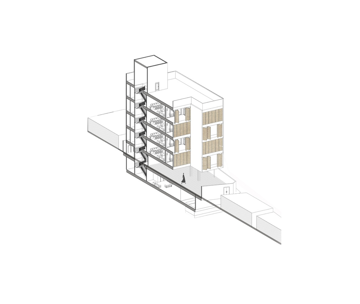 Section drawing showing stacked balconies on a sloping site with adjacent residential volume