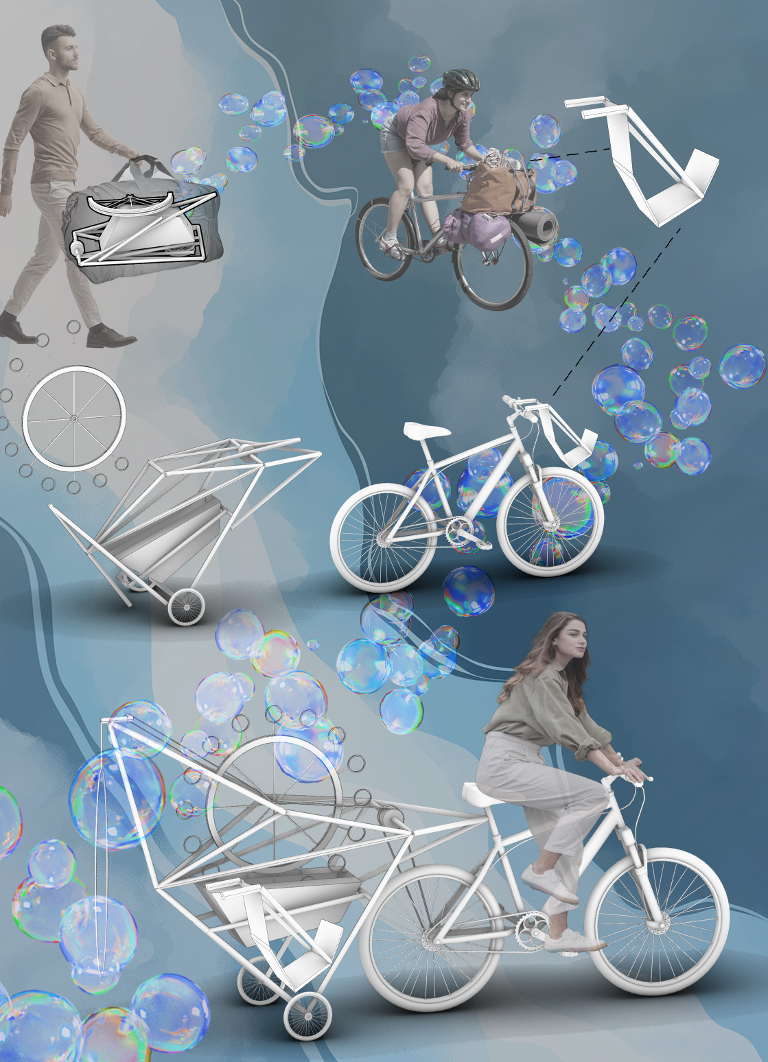 Use-case collage showing Cyclorama in its folded carry state, its unfolded bicycle-mounted state, and two riders trailing clouds of soap bubbles through the air
