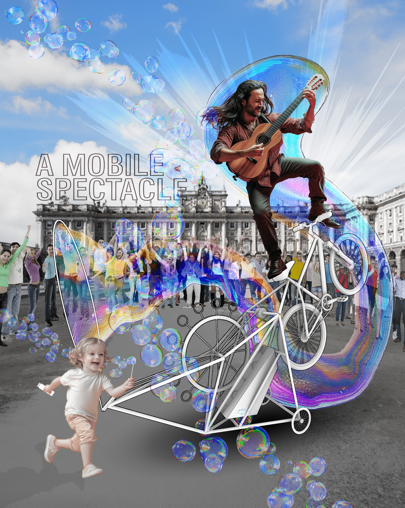 A Mobile Spectacle: a collage of a guitarist suspended inside a giant soap bubble above the Cyclorama bicycle, a cheering crowd, and a child running through smaller bubbles in a Madrid plaza