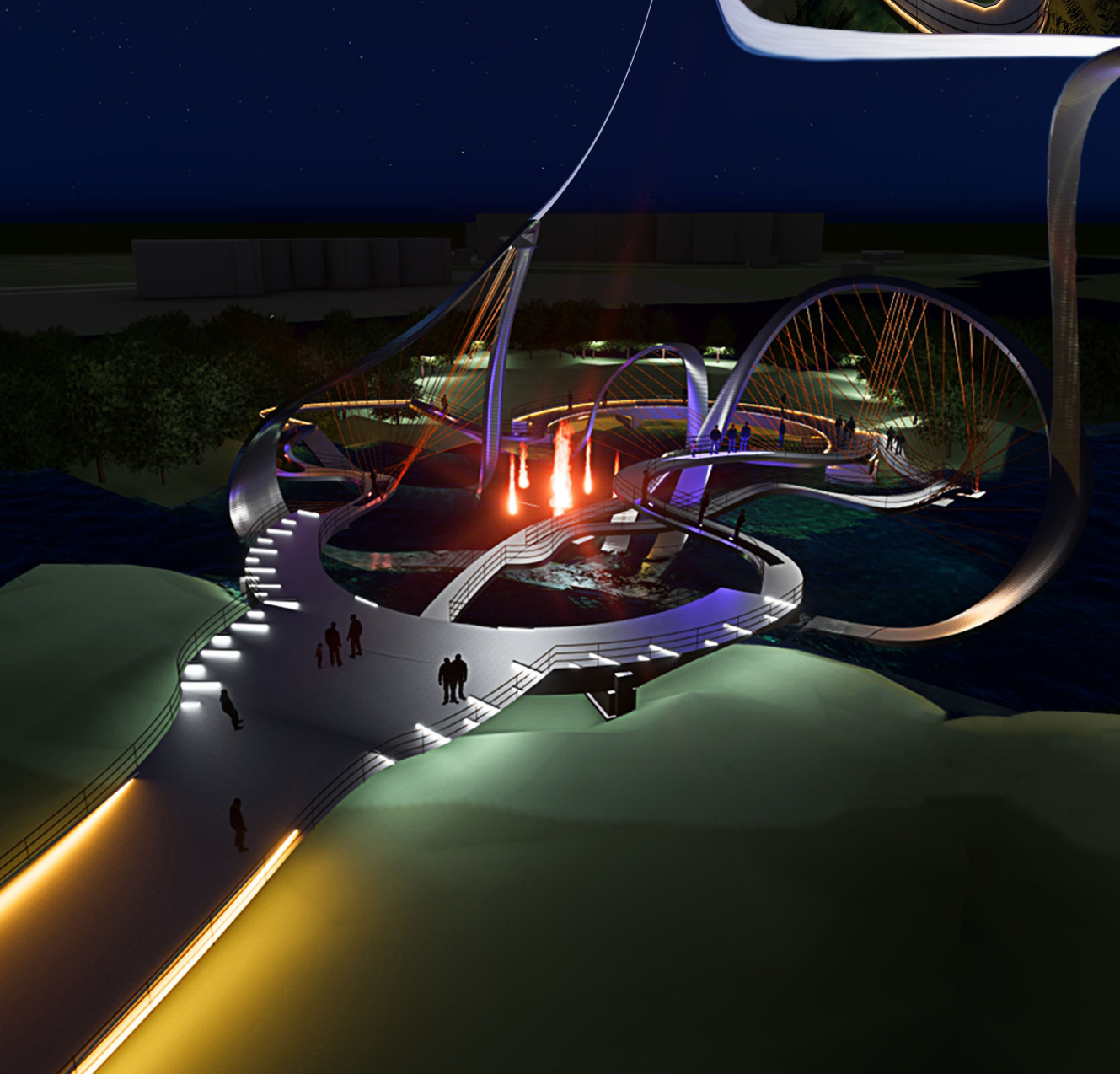 Aerial rendering of a curved pedestrian bridge with tensile cables and colored lighting at night