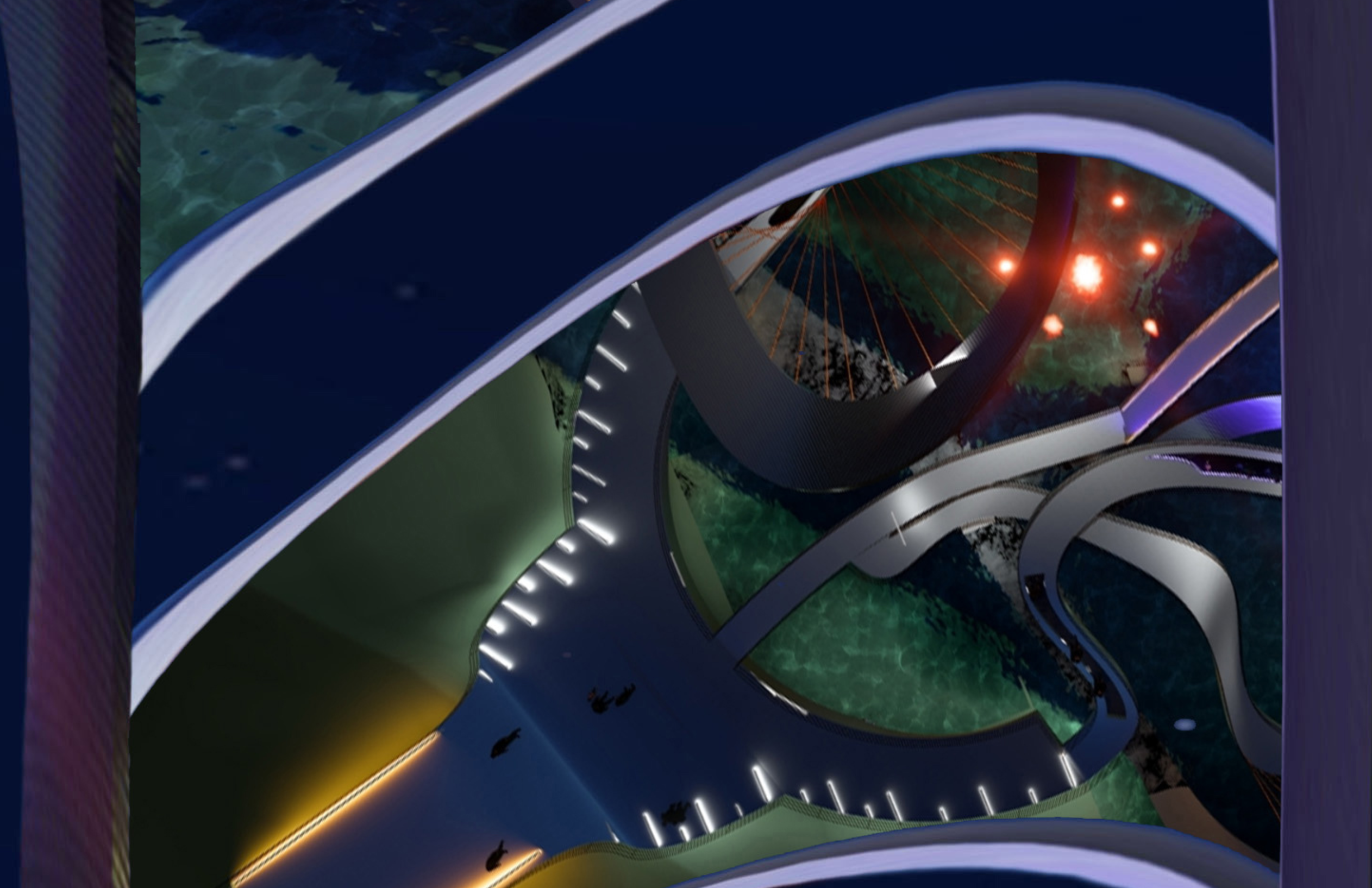 Overlapping curved ramps with integrated lighting above a reflective water surface at twilight